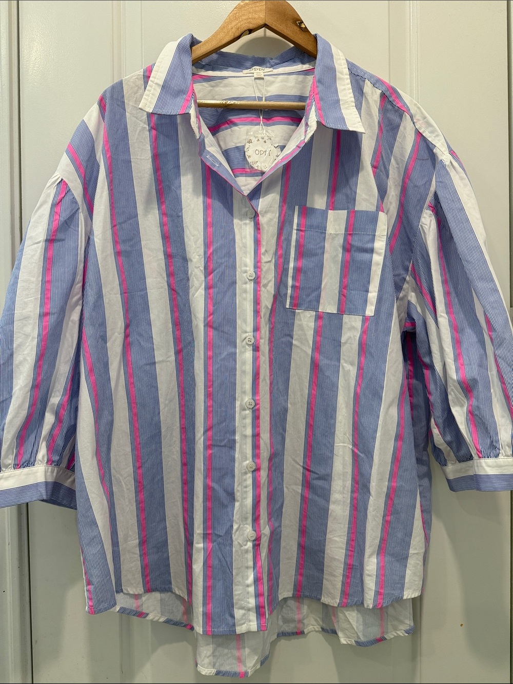 ODDY Striped Button-Down Shirt in Blue, White & Pink